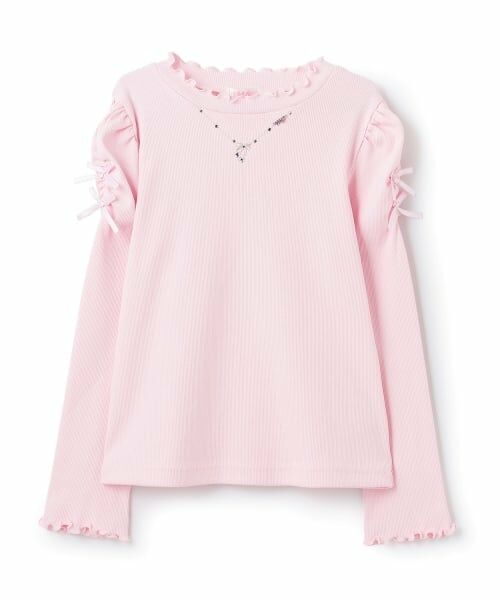 mezzo piano / メゾピアノ Tシャツ | ネックレス刺しゅう　プチハイネック　長袖Tシャツ（ライト ピンク）