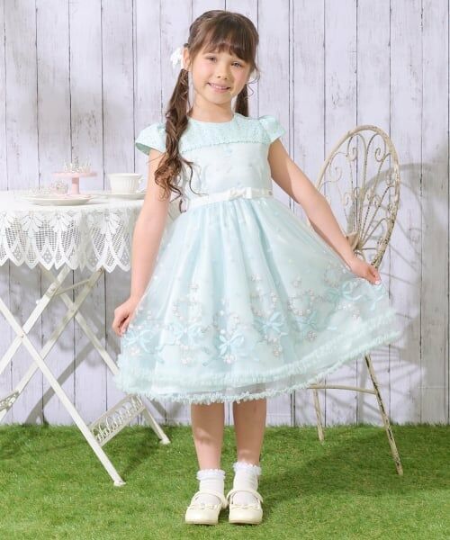 mezzo piano / メゾピアノ ミニ丈・ひざ丈ワンピース | リボン刺しゅう　ドレス（ミント）