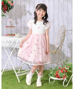 mezzo piano / メゾピアノ ミニ丈・ひざ丈ワンピース | イチゴ刺しゅうチュール　ドッキングワンピース