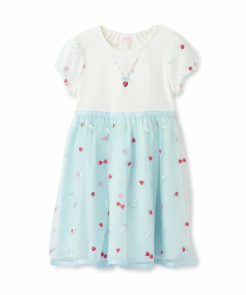 mezzo piano / メゾピアノ ミニ丈・ひざ丈ワンピース | イチゴ刺しゅうチュール ドッキングワンピース(サックス)