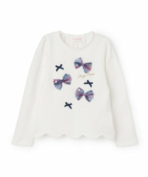 mezzo piano / メゾピアノ Tシャツ | 【人気商品再入荷】【直営店で取り扱い無し】チェックリボンいっぱい　長袖Tシャツ（オフ ホワイト）
