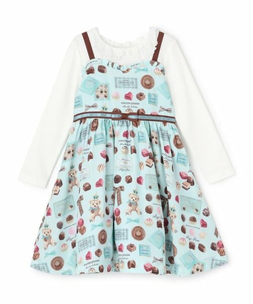 mezzo piano / メゾピアノ ミニ丈・ひざ丈ワンピース | 【人気商品再入荷】【直営店で取り扱い無し】ボンボンショコラ柄　ドッキングワンピース（ミント）