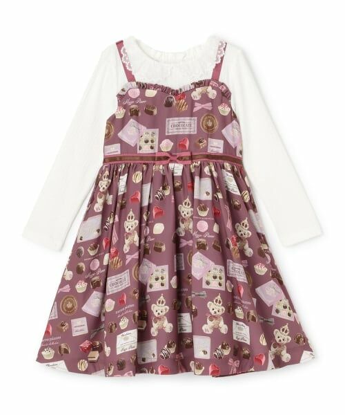 mezzo piano / メゾピアノ ミニ丈・ひざ丈ワンピース | 【人気商品再入荷】【直営店で取り扱い無し】ボンボンショコラ柄　ドッキングワンピース（エンジ）