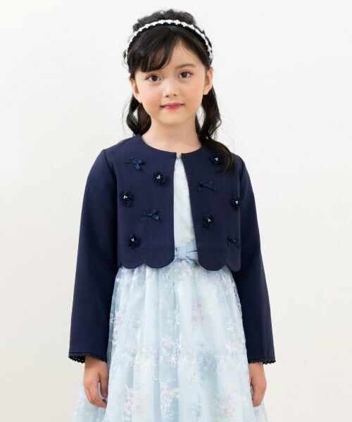 mezzo piano / メゾピアノ テーラードジャケット | 花モチーフ裾スカラップ　ジャケット（紺）