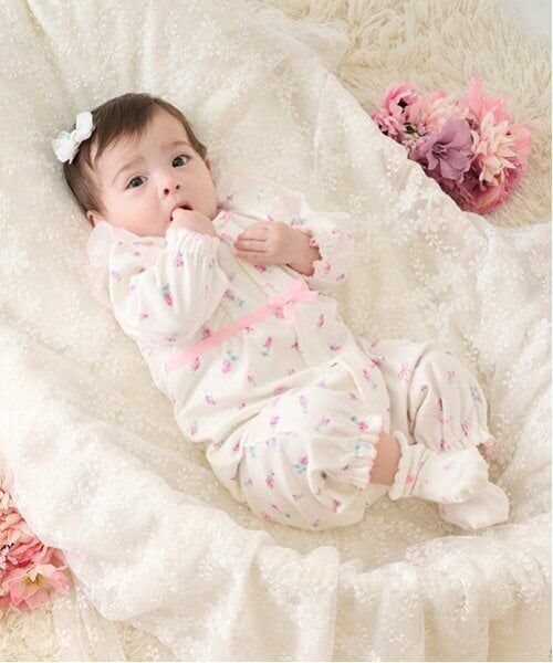 mezzo piano / メゾピアノ ロンパース | ローズつぼみ柄　2wayオール（オフ ホワイト）