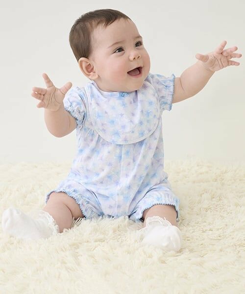 mezzo piano / メゾピアノ ロンパース | 【BOX付】花柄半袖2wayオール＆スタイセット（サックス）