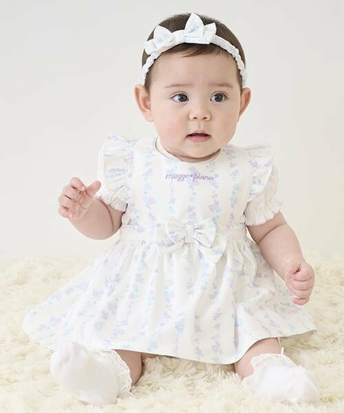 mezzo piano / メゾピアノ スタイ・ビブ | 【BOX付】ストライプ花柄エプロン＆ヘアバンドセット（オフ ホワイト）