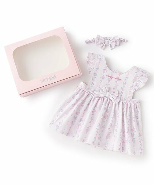 mezzo piano / メゾピアノ スタイ・ビブ | 【BOX付】ストライプ花柄エプロン＆ヘアバンドセット（ライト ピンク）