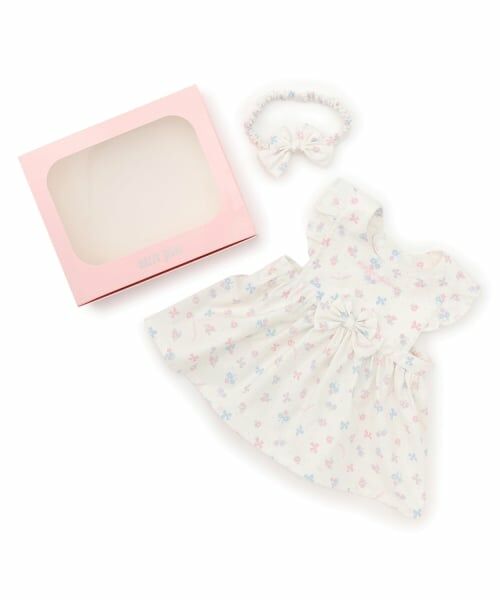 mezzo piano / メゾピアノ スタイ・ビブ | 【BOX付】フラワーリボン柄エプロン＆ヘアバンドセット（オフ ホワイト）