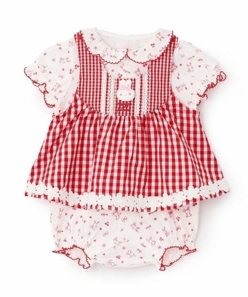 mezzo piano / メゾピアノ ベビー・キッズウエア | ウサギマスコットつきギンガムエプロン　ロンパース（赤）