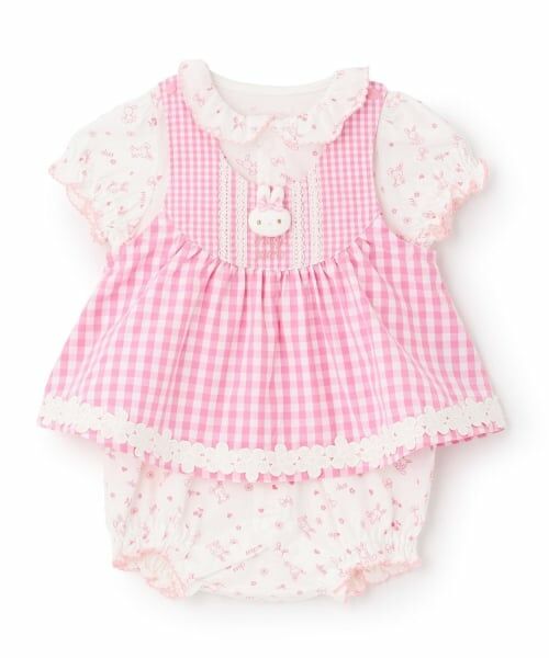 mezzo piano / メゾピアノ ベビー・キッズウエア | ウサギマスコットつきギンガムエプロン　ロンパース（ピンク）