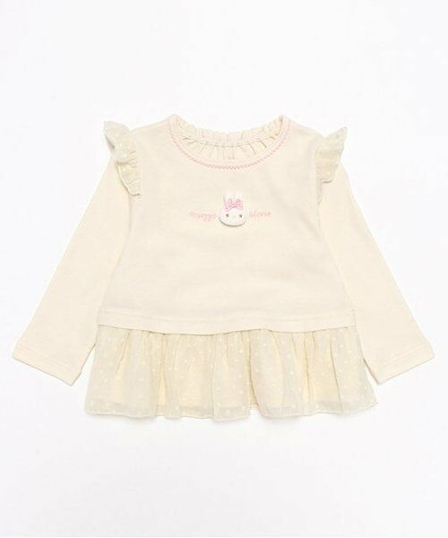 mezzo piano / メゾピアノ Tシャツ | ウサギマスコット付　フリル長袖Tシャツ（オフ ホワイト）