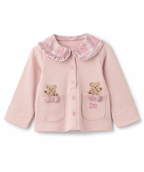 mezzo piano / メゾピアノ Tシャツ | チェック衿カーディガン風　長袖Tシャツ（ライト ピンク）