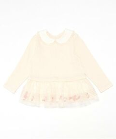mezzo piano / メゾピアノ Tシャツ | 音符刺繍チュール裾フリル　長袖Tシャツ
