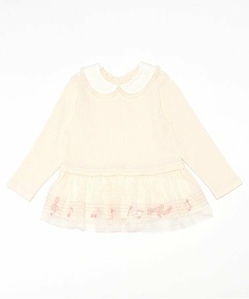 mezzo piano / メゾピアノ Tシャツ | 音符刺繍チュール裾フリル　長袖Tシャツ（オフ ホワイト）