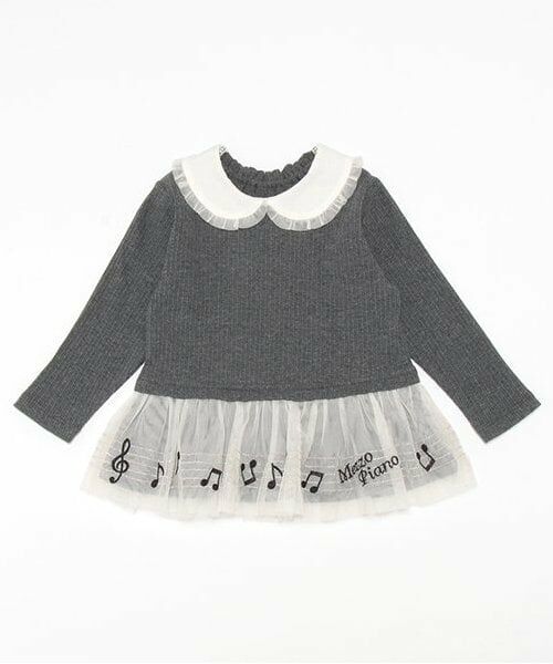 mezzo piano / メゾピアノ Tシャツ | 音符刺繍チュール裾フリル　長袖Tシャツ（チャコール）
