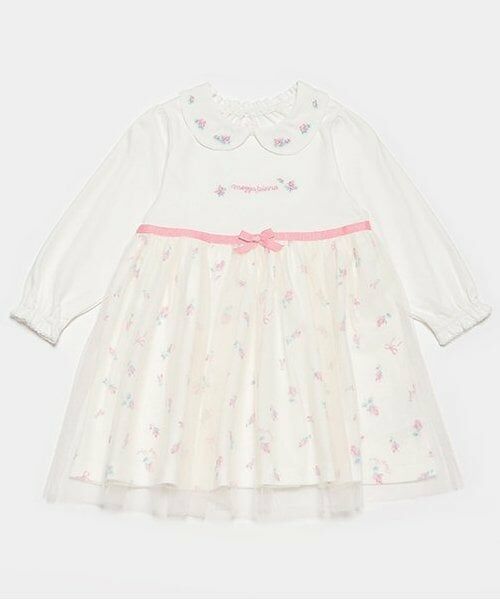 mezzo piano / メゾピアノ ミニ丈・ひざ丈ワンピース | ローズつぼみ柄　ドッキングワンピース（オフ ホワイト）