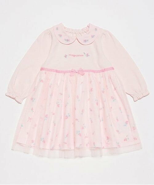 mezzo piano / メゾピアノ ミニ丈・ひざ丈ワンピース | ローズつぼみ柄　ドッキングワンピース（ライト ピンク）