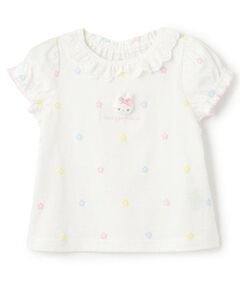 mezzo piano / メゾピアノ Tシャツ | ウサギマスコットつき　お花柄　半袖Tシャツ