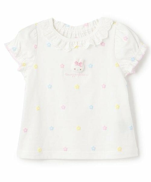 mezzo piano / メゾピアノ Tシャツ | ウサギマスコットつき お花柄 半袖Tシャツ(オフ ホワイト)