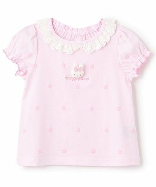 mezzo piano / メゾピアノ Tシャツ | ウサギマスコットつき お花柄 半袖Tシャツ(ライト ピンク)