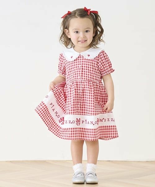 mezzo piano / メゾピアノ ミニ丈・ひざ丈ワンピース | 裾ロゴ　ギンガムチェック　ワンピース（赤）