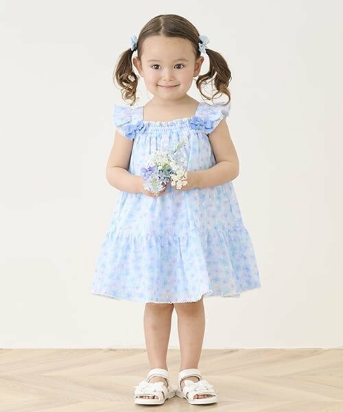 mezzo piano / メゾピアノ ミニ丈・ひざ丈ワンピース | 水彩花柄ワンピース＆ブルマセット（サックス）