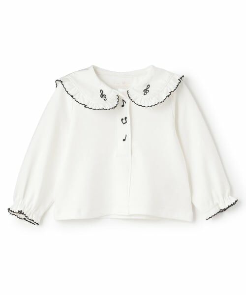 mezzo piano / メゾピアノ Tシャツ | ピアノ刺しゅう衿　長袖Tシャツ（オフ ホワイト）