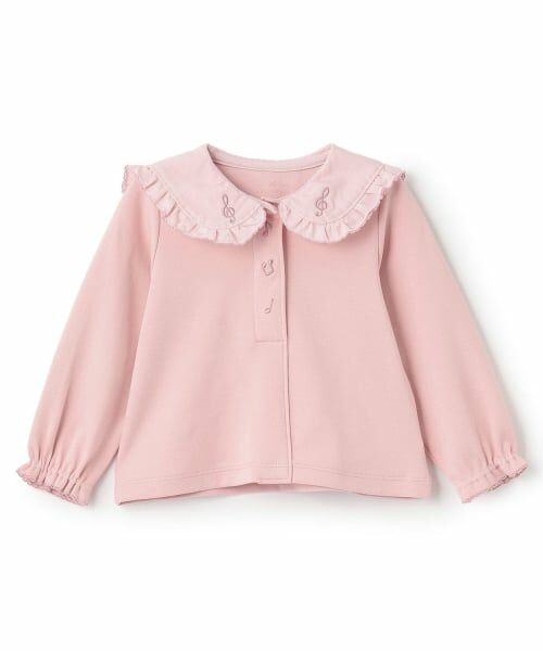 mezzo piano / メゾピアノ Tシャツ | ピアノ刺しゅう衿　長袖Tシャツ（ライト ピンク）