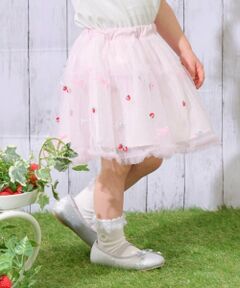 mezzo piano / メゾピアノ ミニ・ひざ丈スカート | イチゴ刺しゅう　チュールスカート