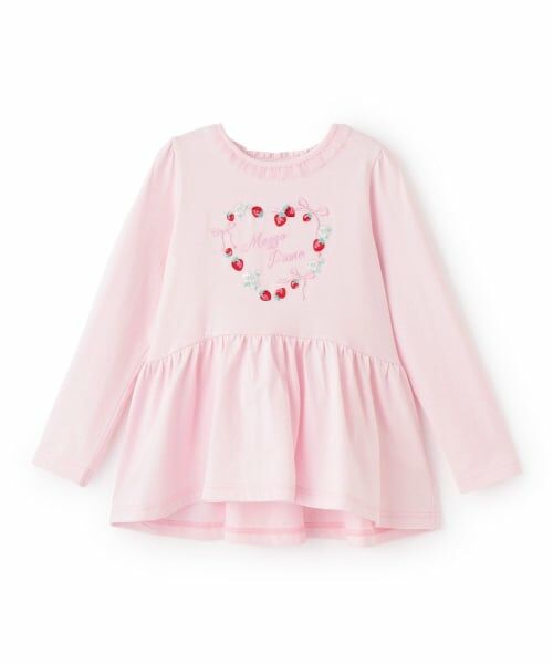 mezzo piano / メゾピアノ Tシャツ | イチゴ刺しゅう ペプラム長袖Tシャツ(ピンク)