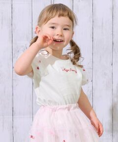 mezzo piano / メゾピアノ Tシャツ | イチゴ刺しゅうチュール袖　Tシャツ
