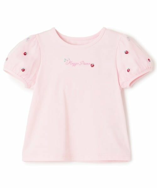 mezzo piano / メゾピアノ Tシャツ | イチゴ刺しゅうチュール袖　Tシャツ（ピンク）