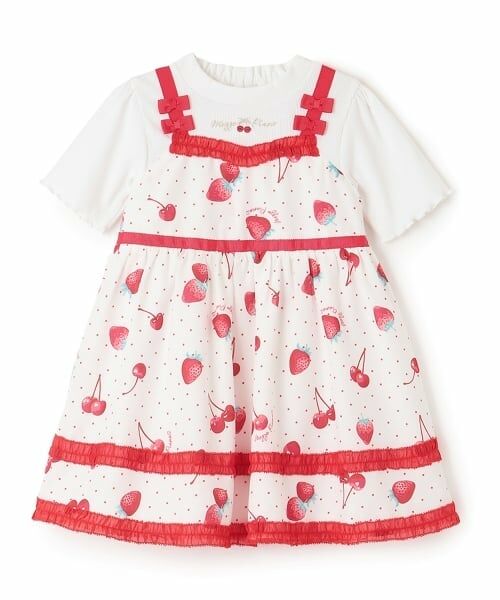 mezzo piano / メゾピアノ ミニ丈・ひざ丈ワンピース | イチゴチェリードット柄ドッキングワンピース＆ブルマセット（オフ ホワイト）