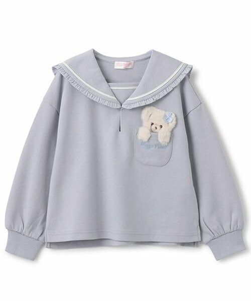 mezzo piano / メゾピアノ Tシャツ | 【人気商品再入荷】【直営店で取り扱い無し】クマポケット セーラ-カラー長袖Tシャツ(サックス)