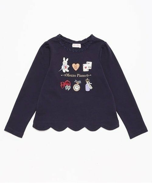 mezzo piano / メゾピアノ Tシャツ | 【人気商品再入荷】【直営店で取り扱い無し】アリスモチーフ　長袖Ｔシャツ（紺）
