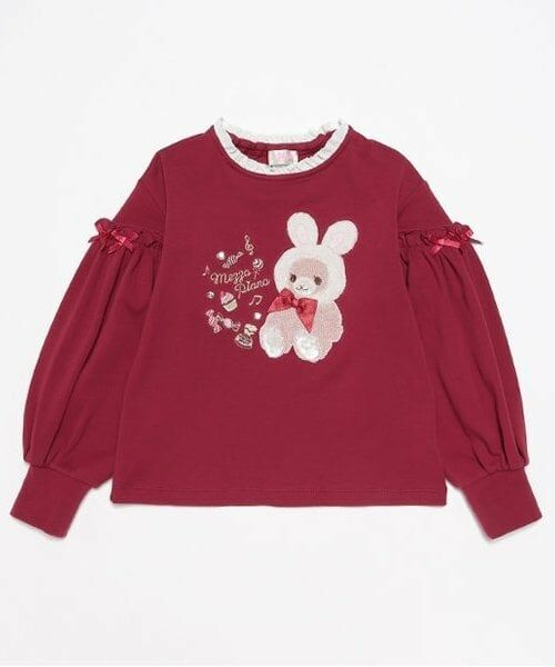 mezzo piano / メゾピアノ Tシャツ | 【人気商品再入荷】【直営店で取り扱い無し】LT クマ 袖切替フリル(ワイン)