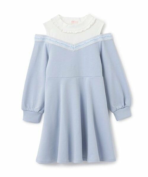 mezzo piano / メゾピアノ ミニ丈・ひざ丈ワンピース | 【人気商品再入荷】【直営店で取り扱い無し】ロゴライン　肩開きワンピース（サックス）