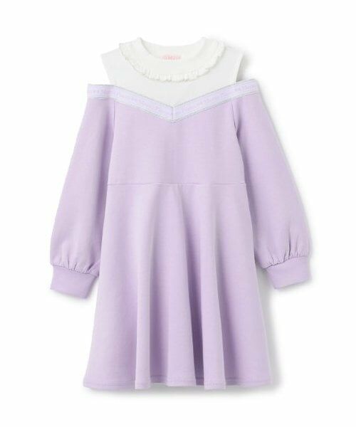 mezzo piano / メゾピアノ ミニ丈・ひざ丈ワンピース | 【人気商品再入荷】【直営店で取り扱い無し】ロゴライン　肩開きワンピース（ラベンダー）