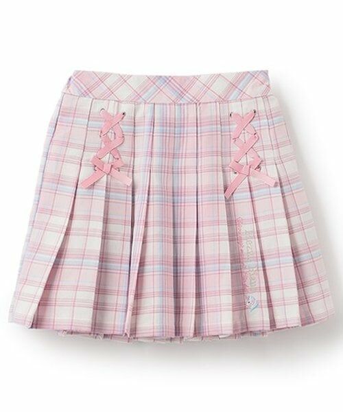 mezzo piano / メゾピアノ ミニ・ひざ丈スカート | ★チェックプリーツ レースアップスカート(ピンク)