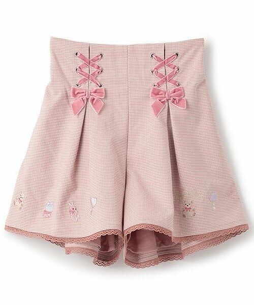 mezzo piano / メゾピアノ ショート・ハーフ・半端丈パンツ | 【人気商品再入荷】【直営店で取り扱い無し】クマ刺しゅうレースアップ　キュロットスカート（ピンク）