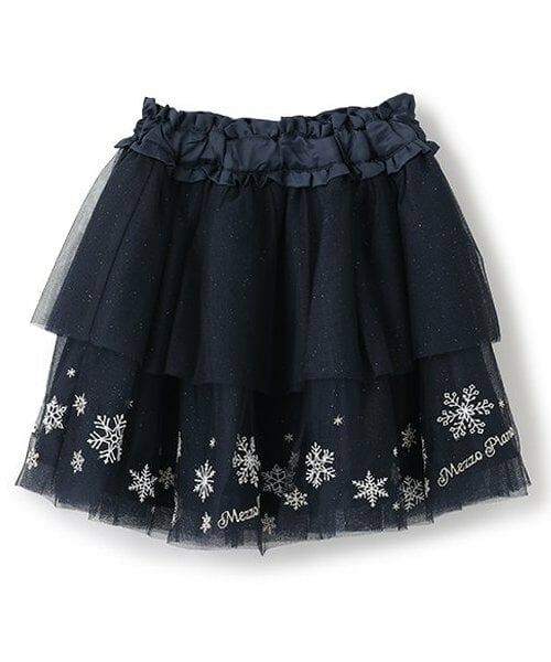 mezzo piano / メゾピアノ ミニ・ひざ丈スカート | 【人気商品再入荷】【直営店で取り扱い無し】雪の結晶刺しゅう チュールスカート(紺)