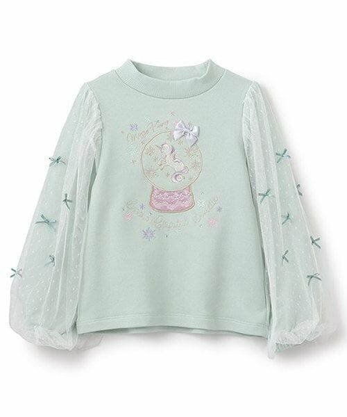 mezzo piano / メゾピアノ スウェット | 【人気商品再入荷】【直営店で取り扱い無し】袖チュール　ユニコーントレーナー（エメラルド グリーン）
