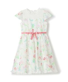 mezzo piano / メゾピアノ ミニ丈・ひざ丈ワンピース | 【人気商品再入荷】【直営店で取り扱い無し】チューリップ柄ウエストリボンワンピース