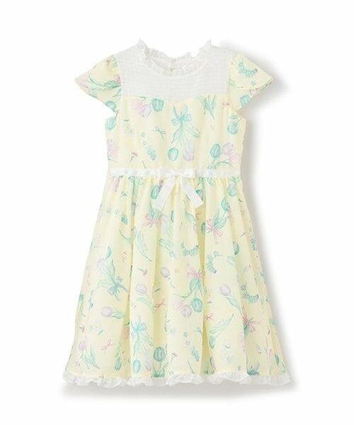 mezzo piano / メゾピアノ ミニ丈・ひざ丈ワンピース | 【人気商品再入荷】【直営店で取り扱い無し】チューリップ柄ウエストリボンワンピース（レモン イエロー）