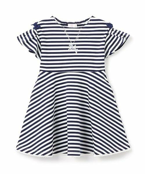 mezzo piano / メゾピアノ ミニ丈・ひざ丈ワンピース | 【人気商品再入荷】【直営店で取り扱い無し】ネックレス刺繍　ボーダーカットワンピース（紺）