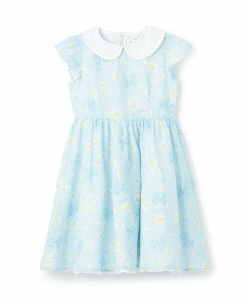 mezzo piano / メゾピアノ ミニ丈・ひざ丈ワンピース | 【人気商品再入荷】【直営店で取り扱い無し】衿つき　マーガレット柄ワンピース（サックス）