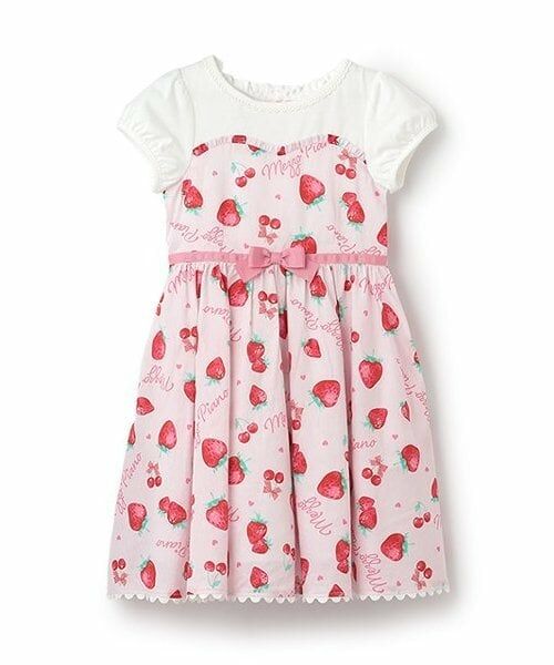mezzo piano / メゾピアノ ミニ丈・ひざ丈ワンピース | 【人気商品再入荷】【直営店で取り扱い無し】イチゴ柄パフスリーブ　ドッキングワンピース（ライト ピンク）