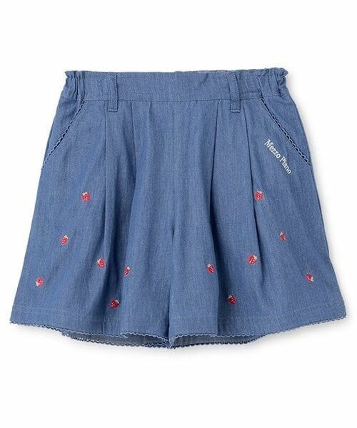 mezzo piano / メゾピアノ ショート・ハーフ・半端丈パンツ | 【人気商品再入荷】【直営店で取り扱い無し】デニム・ギンガム　イチゴ刺しゅうキュロットスカート（紺）