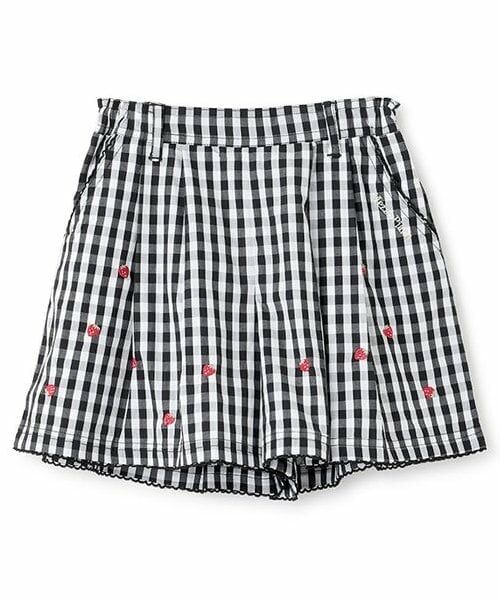 mezzo piano / メゾピアノ ショート・ハーフ・半端丈パンツ | 【人気商品再入荷】【直営店で取り扱い無し】デニム・ギンガム　イチゴ刺しゅうキュロットスカート（黒）